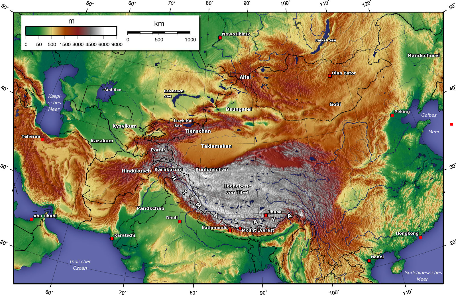 Karte Topographie Zentralasien