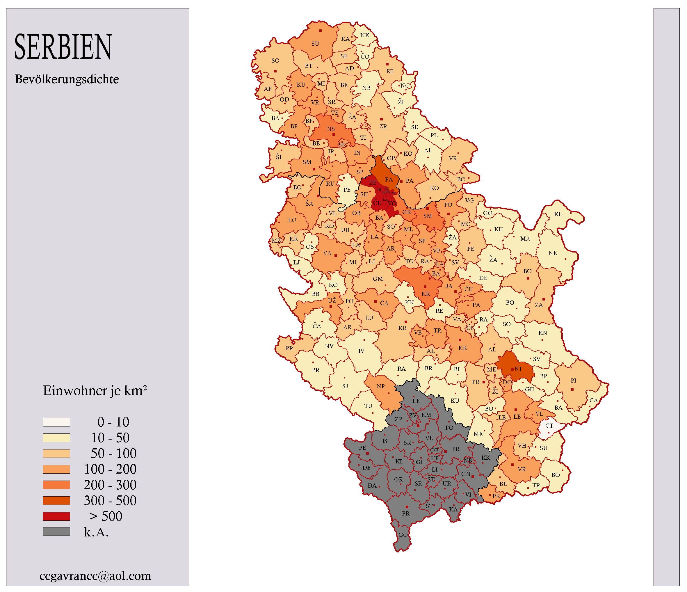 Karte Bev�lkerungsdichte Serbien